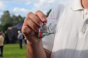 En hand som håller en Palestinapin (fredsduva som flyger och håller i en Palestina-flagga).